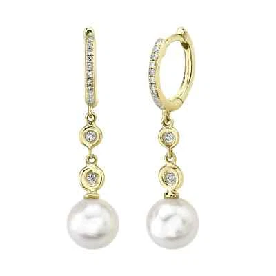 Pearl Diamant Ohrringe 14K Gelbgold Tropfen Hänger 0.10ct Rundschliff Natur - Bild 1 von 3