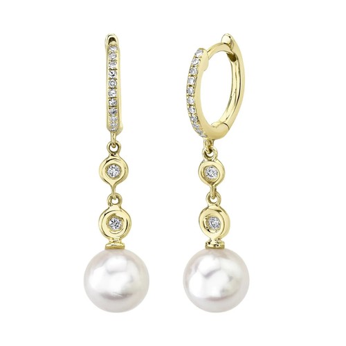 Perla Diamante 14K Oro Giallo Orecchini Pendenti 0.10CT Taglio Rotondo Naturale