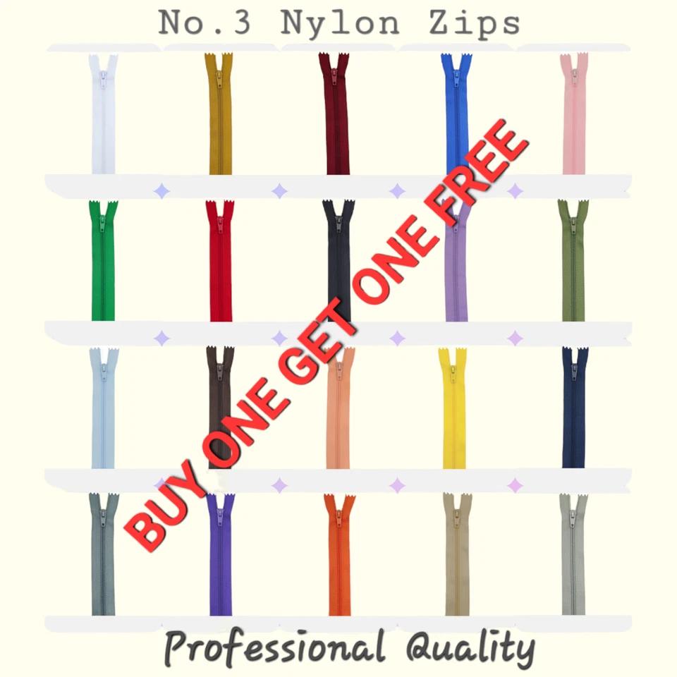 CLP Nylon Zips No3 Closed End Auto lock 6" - 24" Multi Colours BUY ONE GET ONE FREE