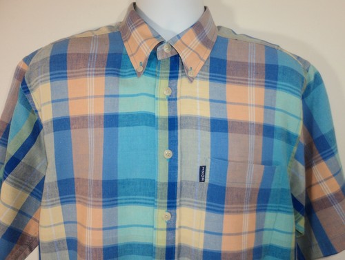 IZOD Mens Size M Linen & Cotton Plaid Camp Shirt Short Sleeve Blue Yellow Peach - Picture 4 of 11