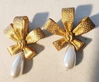 Miriam Haskell Signed Gold Bow Drop Pearl Clip Back Earrings 2 3/8"