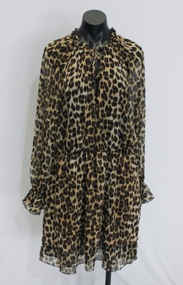 Mango Women's Leopard Print L/S Flared Dress CA4 Brown Size XL (US:10) NWT