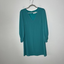 Eliza J Dress Womens 6 Green Blue Shift Knee Length Career V Neck 