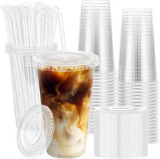 100 Pack 20 Oz Clear Plastic Cups with Lids and Straws, Disposable Iced Coffee C