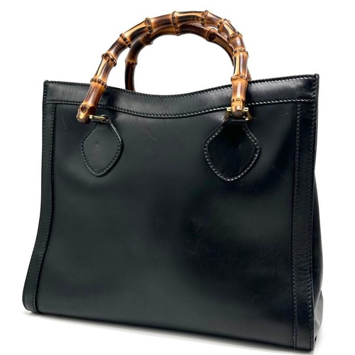 Gucci Diana Black Leather Bamboo Tote Handbag A4 Size Vintage Authentic