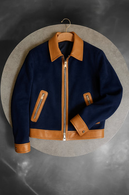 Men's Trendy Suede Leather Trim Jacket Navy Blue Bomber Style With Tan Borders