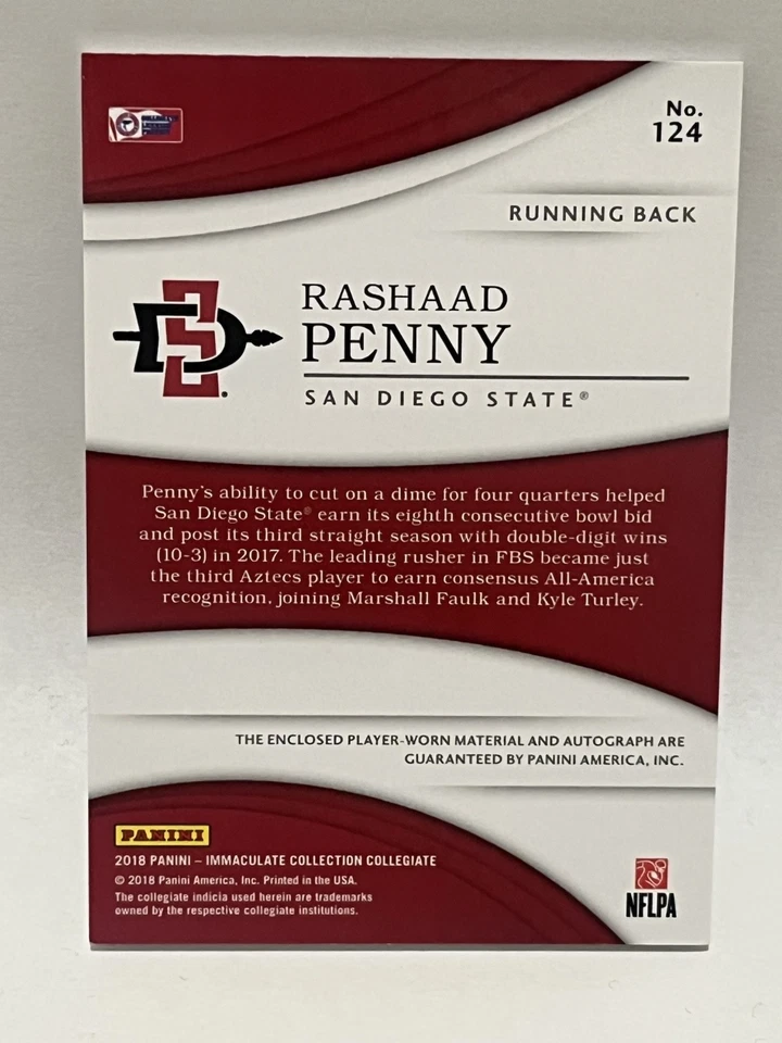 2018 Immaculate Rashaad Penny RPA Auto Patch Player Worn San Diego State /5 - Image 2 of 4