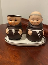Vintage Goebel Friar Tuck Monk Creamer Sugar Bowl Base Plate Brown and Ivory