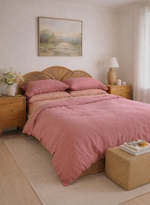 100% Organic French Linen 1 Fitted Sheet +2 Pillowcases Queen Size Set Pink Clay