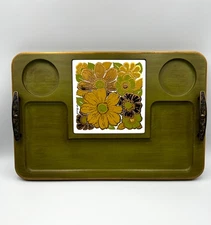 VTG Mid Century Georges Briard Cheese Charcuterie Board Tray Floral Tile Green