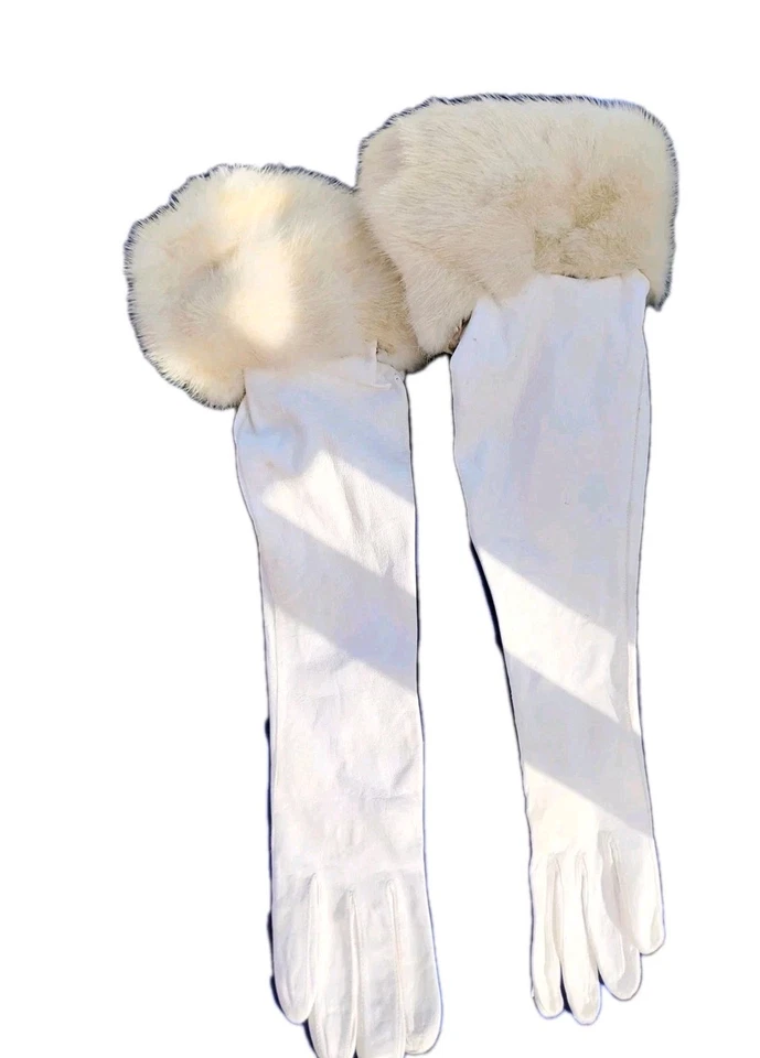 21 In Long White Kid Leather Gloves.5" White.Mink Cuff Wedding Mint  7.5 - Image 3 of 4