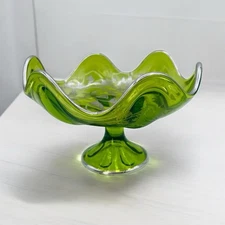 Vintage Viking Glass 6 Petal Footed Compute Green Ornate Silver Overlay 7”x4.5"