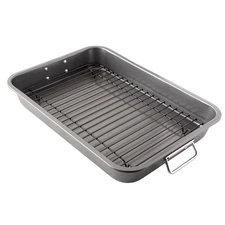 Chef Pomodoro Large Nonstick Roasting Pan with Flat Rack, Carbon Steel Bakeware
