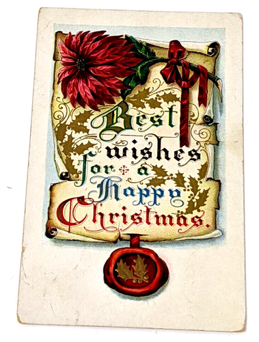 Antique Christmas Postcard 1913 Wax Seal Scroll Old World Script Cancelled IN. - Picture 2 of 8