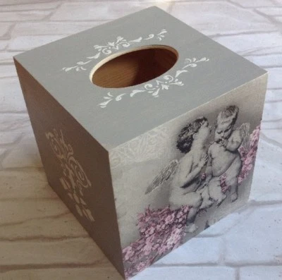 Angel Cupid Tissue Square Box Cover Holder wooden handmade decoupaged - Image 1 of 4