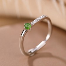 Pure S925 Sterling Silver Green Jade Jadeite Women Lucky Bead Ring Us:4-8