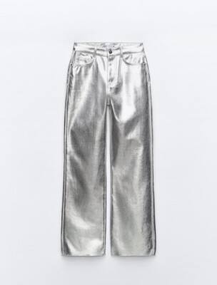 ZARA Z1975 STRAIGHT-CUT HIGH-WAIST METALLIC JEANS SILVER CROP FW24