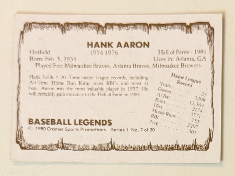 TARJETA DE BÉISBOL HANK AARON - BRAVES - 1980 - PACIFIC LEGENDS - FIRMADA AUTOGRAFIADA Foto 2 de 2