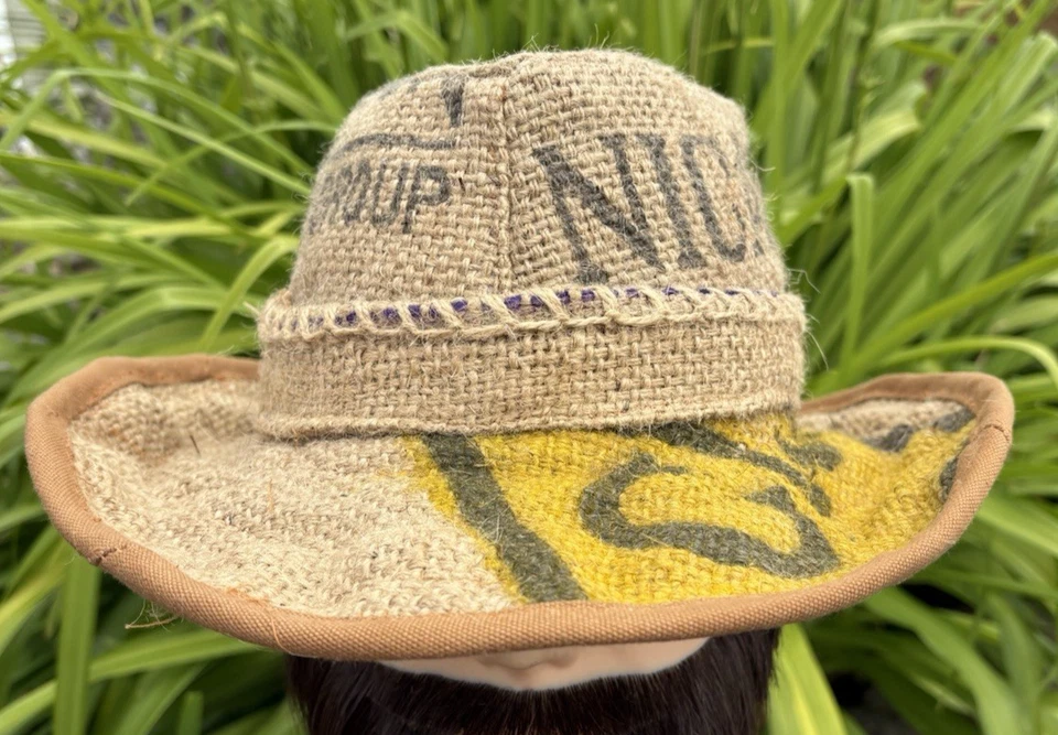 Cowboy Hat Burlap Coffee Sack size 7 1/4 or M handmade  upcycled NICARAGUA - Image 2 of 4