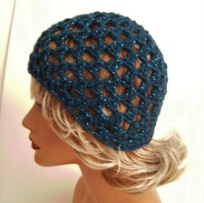 NEW DARK TEAL SPARKLE OPEN WEAVE BEANIE HAT HAND MADE CROCHET BERET SKULL CAP