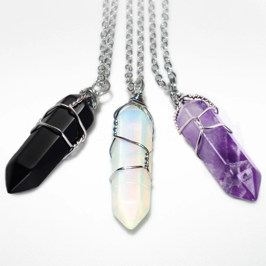 Wire Wrapped Crystal Necklace Gemstone Pendant with Chain Opalite Onyx Amethyst