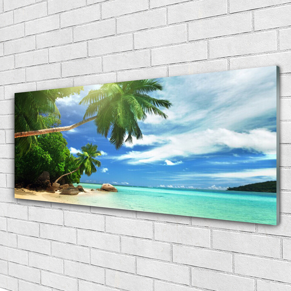 Tableau plage et palmiers 125x50 cm, impression sur verre acrylique brillant