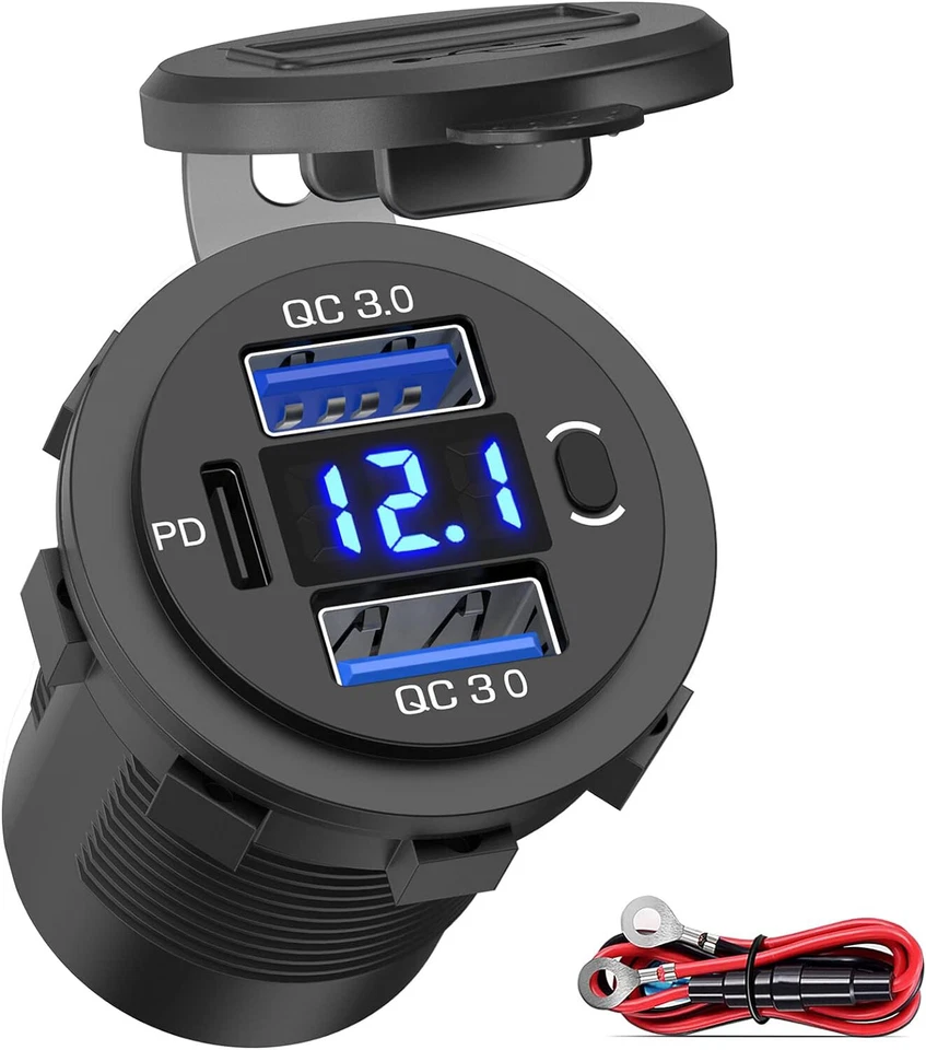 Lote 12V-24V PD + QC3.0 Doble USB Coche Cargador Rápido Toma de corriente Toma de corriente Pantalla LED Foto 3 de 4
