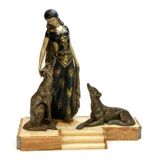 Georges Van De Voorde Art Deco Patinated & Silvered Sculpture of Maiden & Borzoi