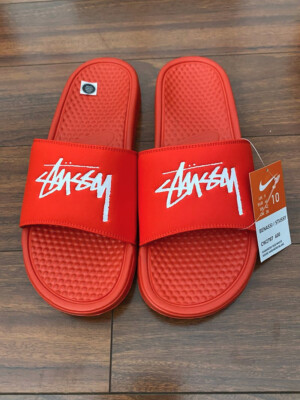 New Nike x Stussy Benassi Slides Sandals Habanero Red CW2787-600 Sz 10