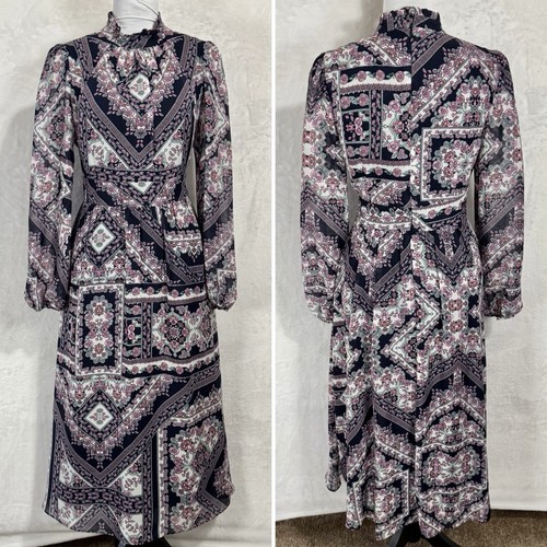 Julia Jordan Mock Neck Long Sleeve Midi Dress Size 6 Tile Floral Pleated Retro - Picture 2 of 16