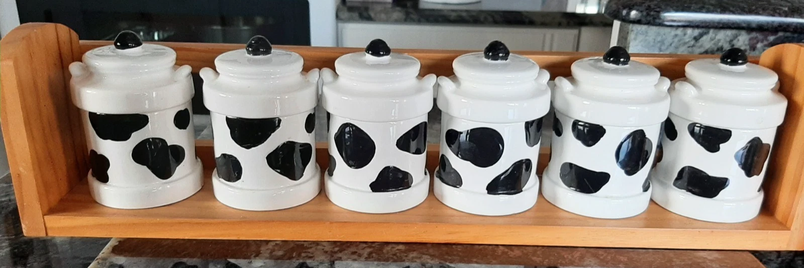 VINTAGE SPICE SET CERAMIC MILK CAN COW PRINT - 6 JARS