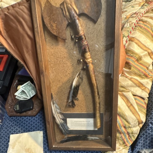 Double Headed Metal War Axe Native American Display with Feathers and Beads - Picture 6 of 6