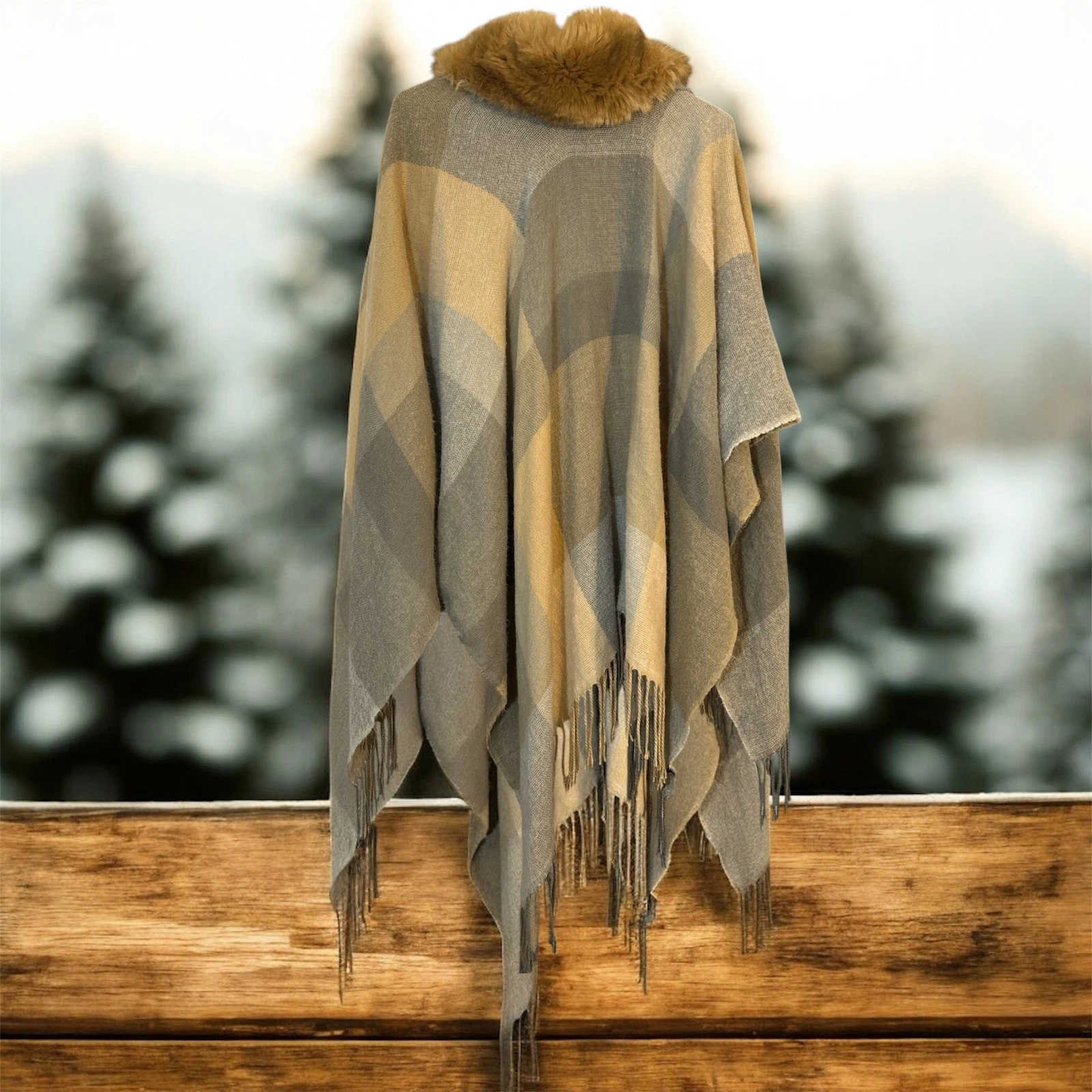 Grey/Beige Plaide Poncho One Size