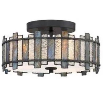 Quoizel Sentry 3-Light Tiffany Flush Mount Matte Black Glass 14-Inch