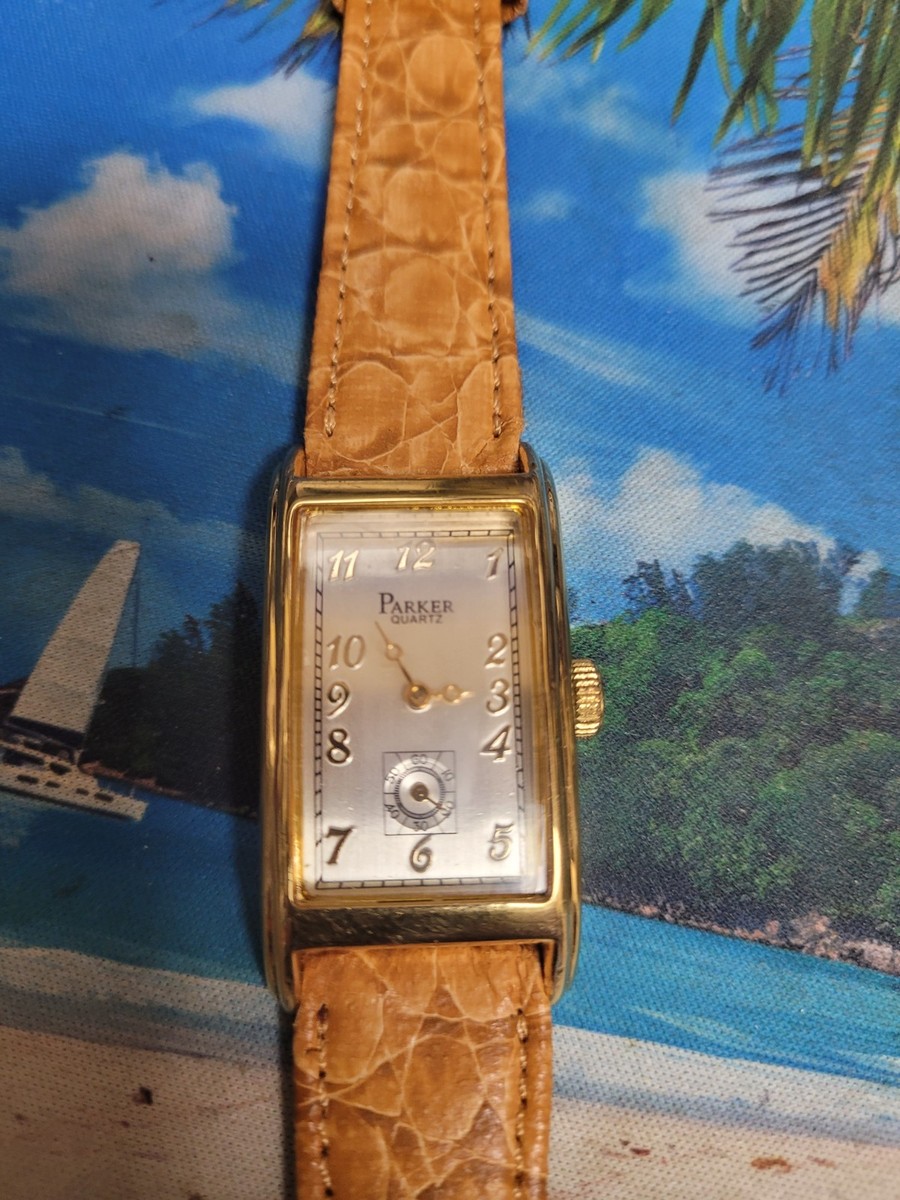 Vintage Parker Curved Tank Watch Unisex Gold Tone Small Seconds, new battery