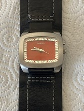 Vintage Fossil Y2K Polsino Pelle Big Tic-Batterie Nuove-Perfettamente Funzionante