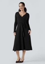 Halara Ribbed Knit Crossover Long Sleeve Belted Midi Work Dress Black Size Large
