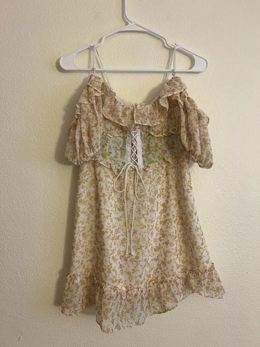 For Love And Lemons Small Yellow White Floral Corset Off Shoulder Dress