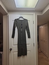 Womens Olive Green Long Sleeve Swester Midi Dress With Zipper Down Front