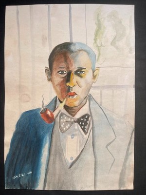 SAM J BROWN PAITING ON OLD PAPER SIGNED  STAMPED-HANDMADE