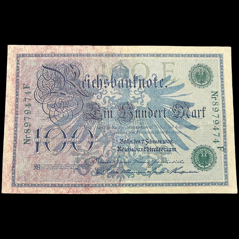 Billete de 100 marcos de Alemania de 1908 post Primera Guerra Mundial antes de la Segunda Guerra Mundial Kaiser Foto 3 de 4