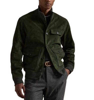 Leather Jacket Men Green Pure Suede Flight/Bomber Size S M L XL XXL Custom - 325