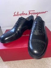 NEW Ferragamo Tak Leather Cap Toe Nero Calf Oxford Men's Black Dress Shoes 8.5 9