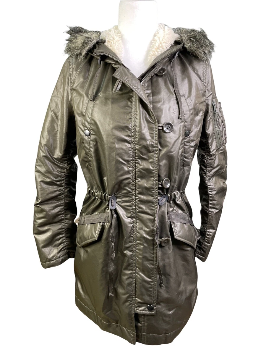 Uniqlo Original Garment Military Green Down Coat Parka Faux Fur Hood Womens M