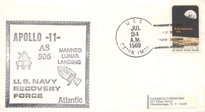 APOLLO 11 7/24/69 USS OZARK NAVY CANCEL/BLACK CACHET 6c APOLLO 8 STAMP SC#1371