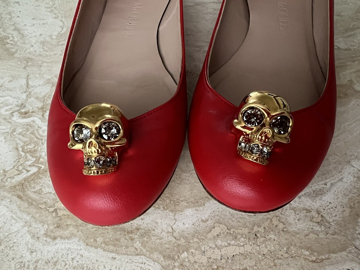 Alexander McQueen Red Orange Ballerina Flat Shoes Gold Skull