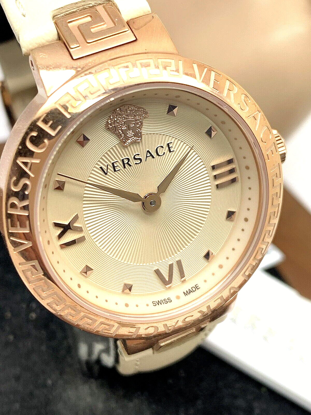 Versace VE2K00821 Swiss Quartz Womens Watch Rose Gold Ivory Leather Strap