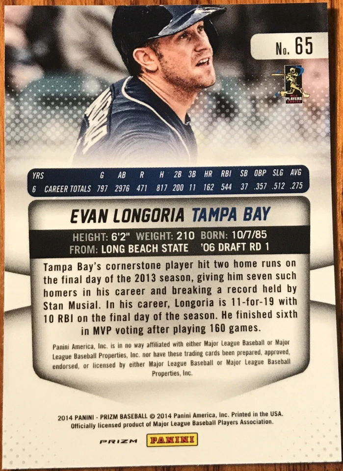 Pulsar Panini Prizm Prizms 2014 rojo blanco y azul Evan Longoria #65 Foto 2 de 2