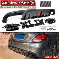 B Style Bumper Diffuser Exhaust Tips Carbon Fiber ABS For Mercedes W205 2015-21