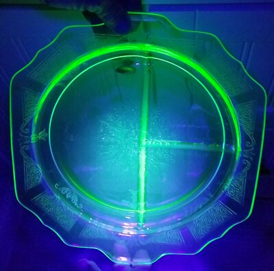 Green Depression Glass Divided Plate, Unknown Maker & Pattern, Glows